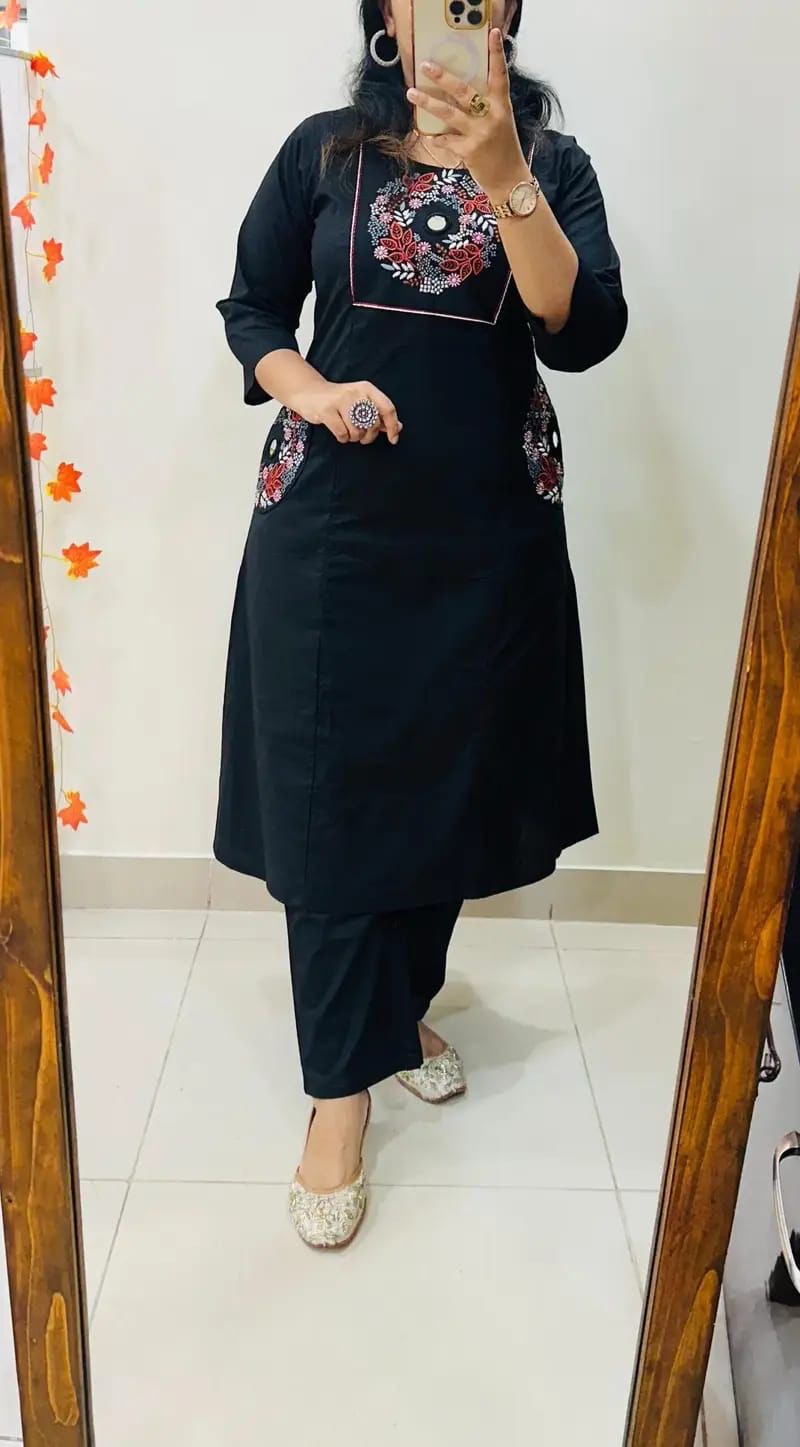 Black Floral Yoke Thread Work Kurta Pant Set