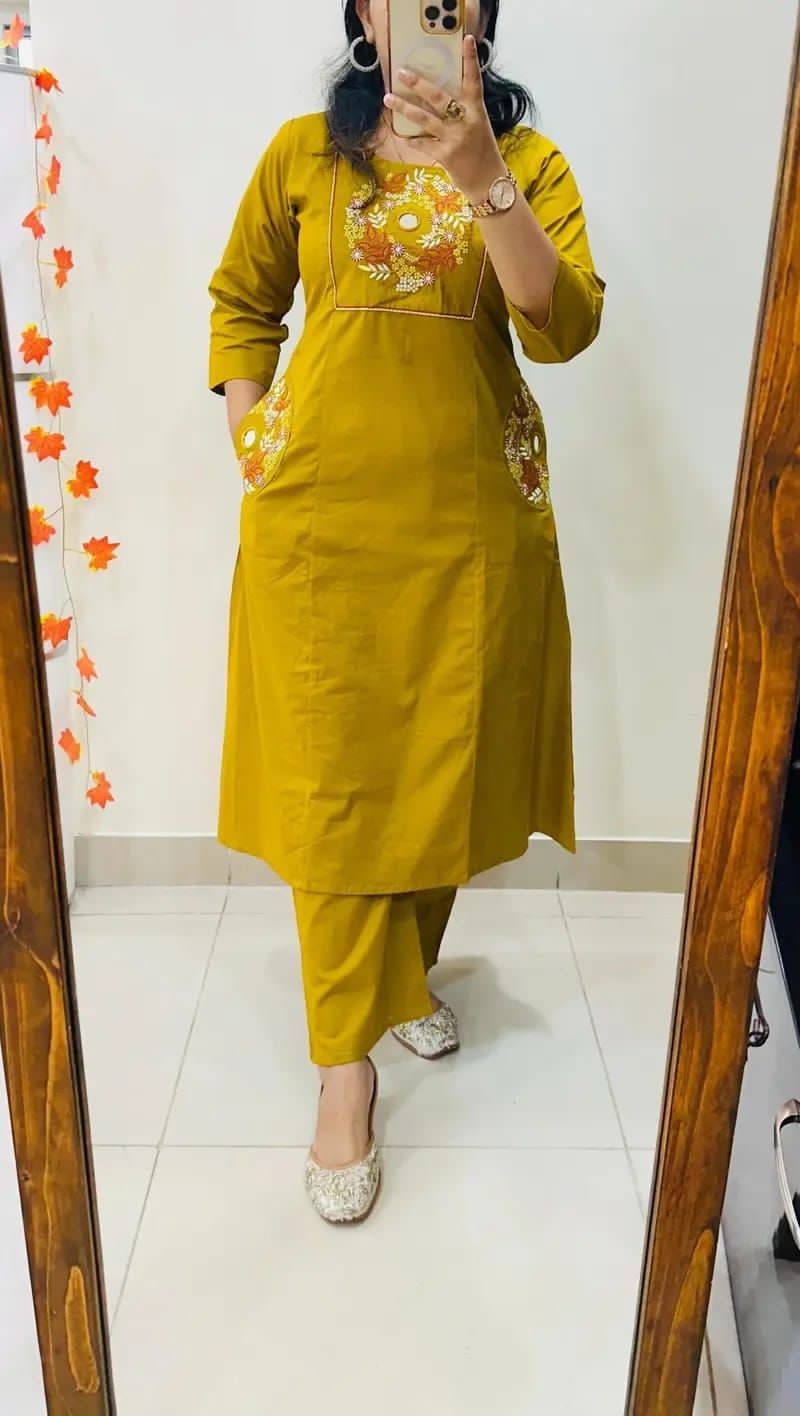 Mustard Mirror Work Cotton A-Line Suit with Pockets