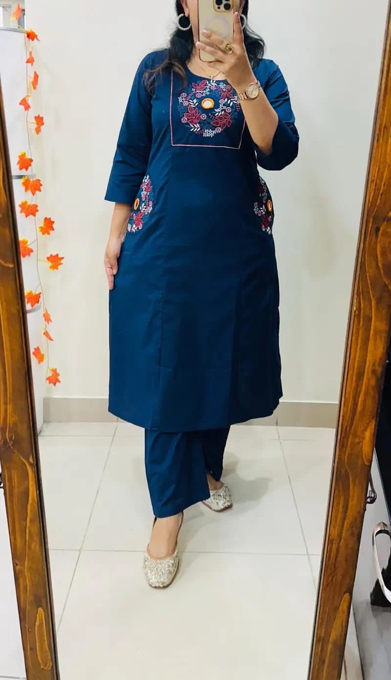 Blue Floral Yoke Thread Work Kurta Pant Set