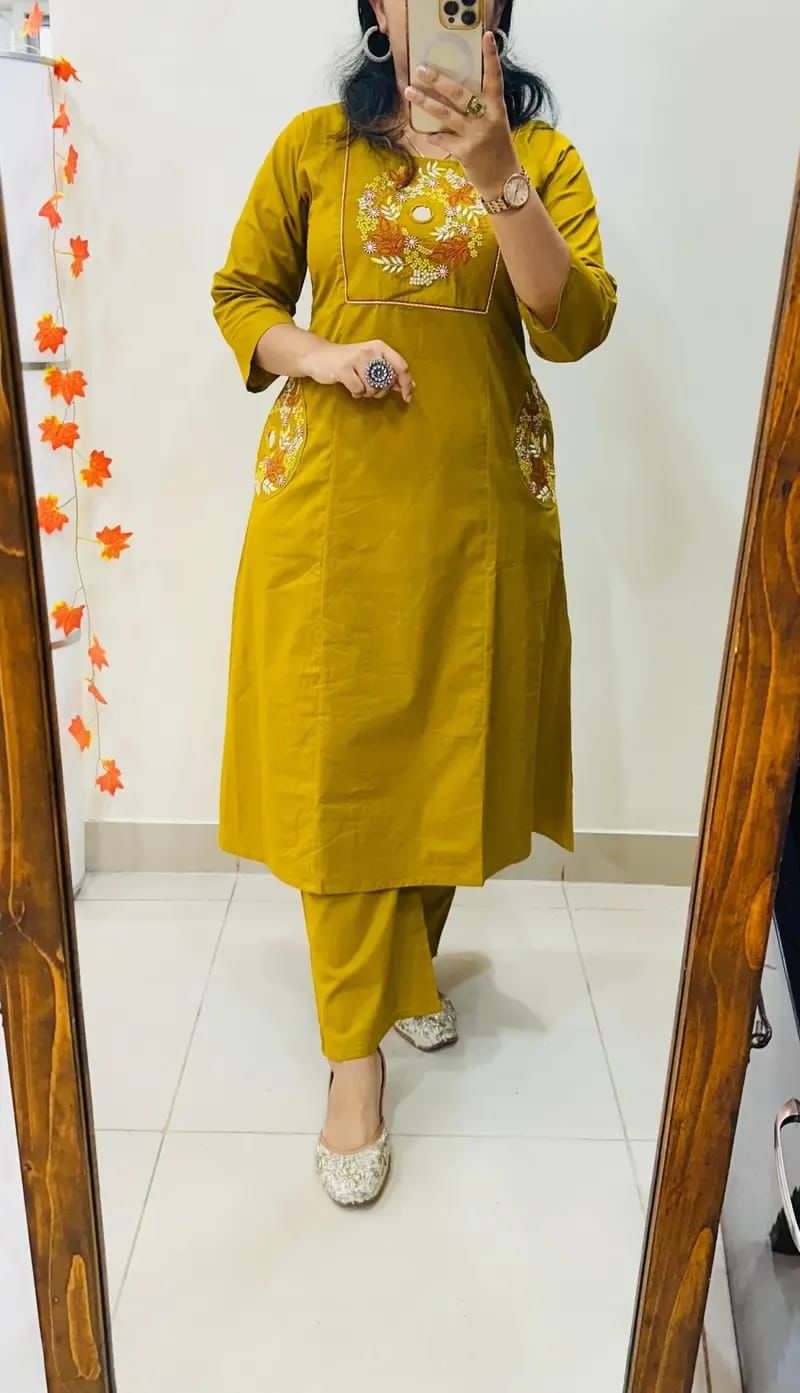 Mustard Mirror Work Cotton A-Line Suit with Pockets