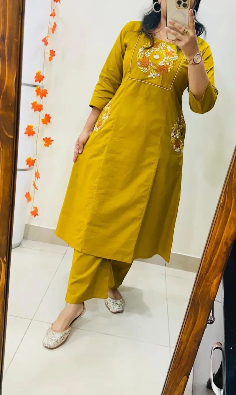 Mustard Mirror Work Cotton A-Line Suit with Pockets