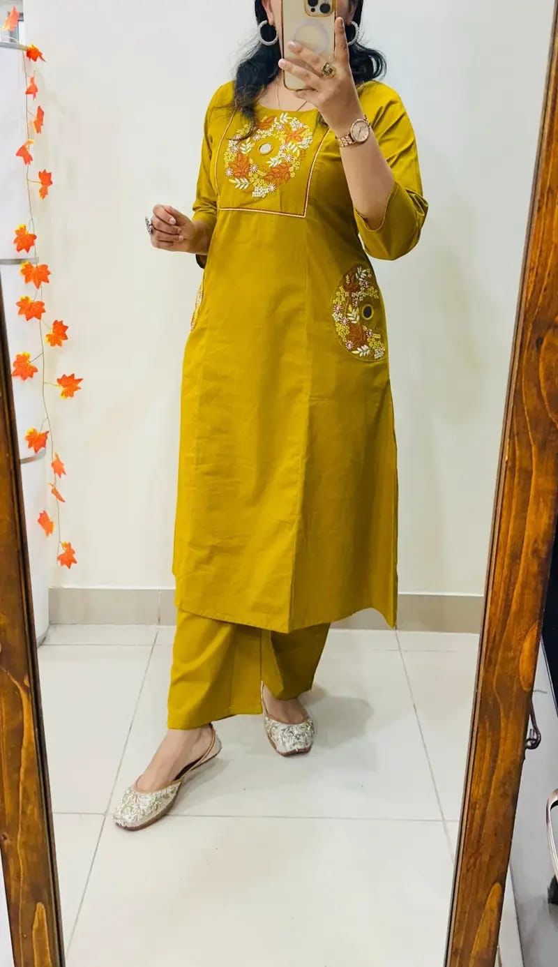 Mustard Mirror Work Cotton A-Line Suit with Pockets