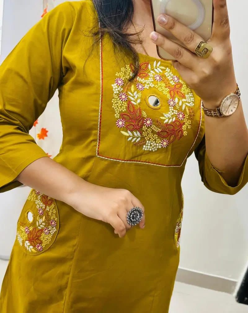 Mustard Mirror Work Cotton A-Line Suit with Pockets