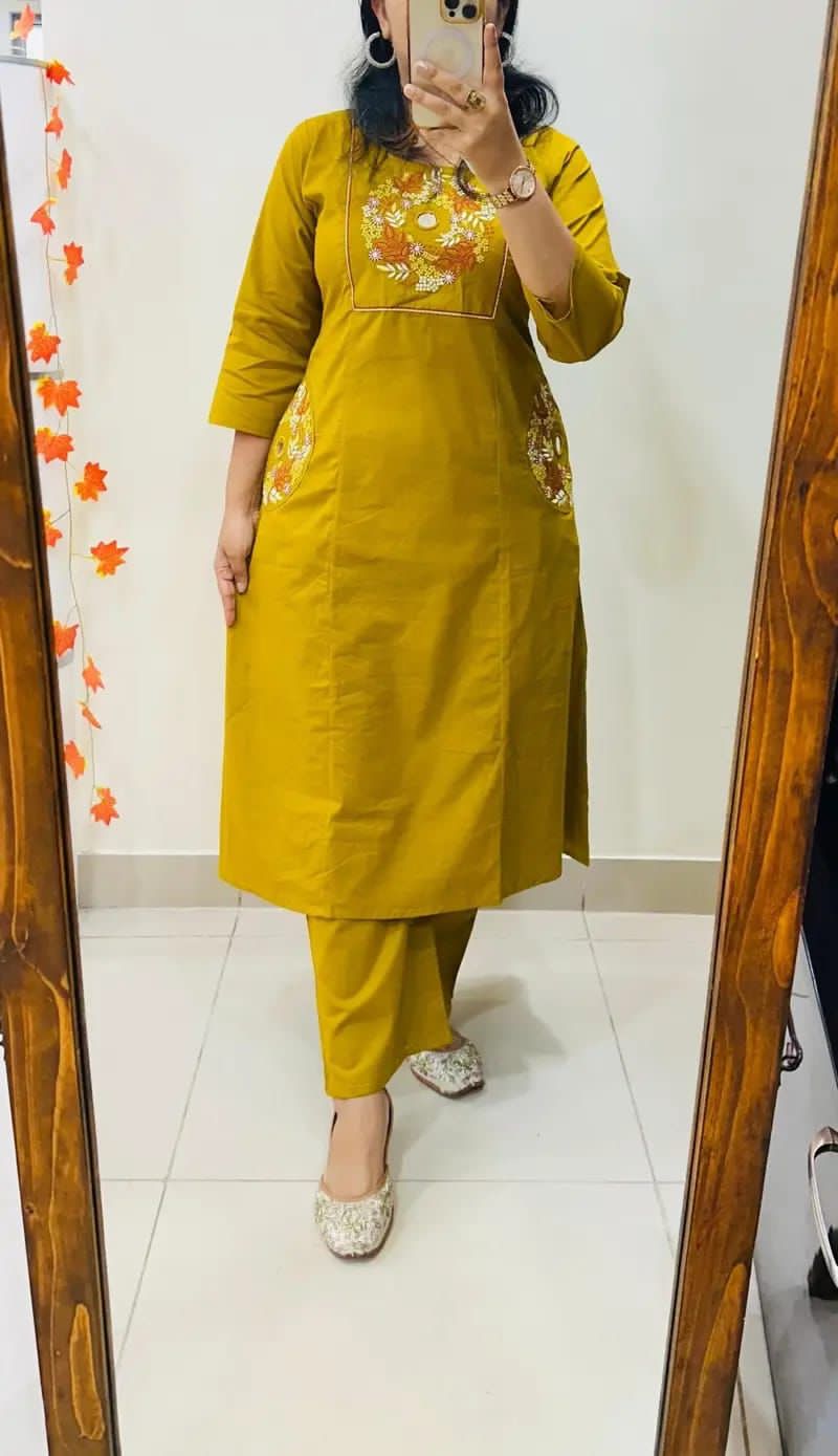 Mustard Mirror Work Cotton A-Line Suit with Pockets