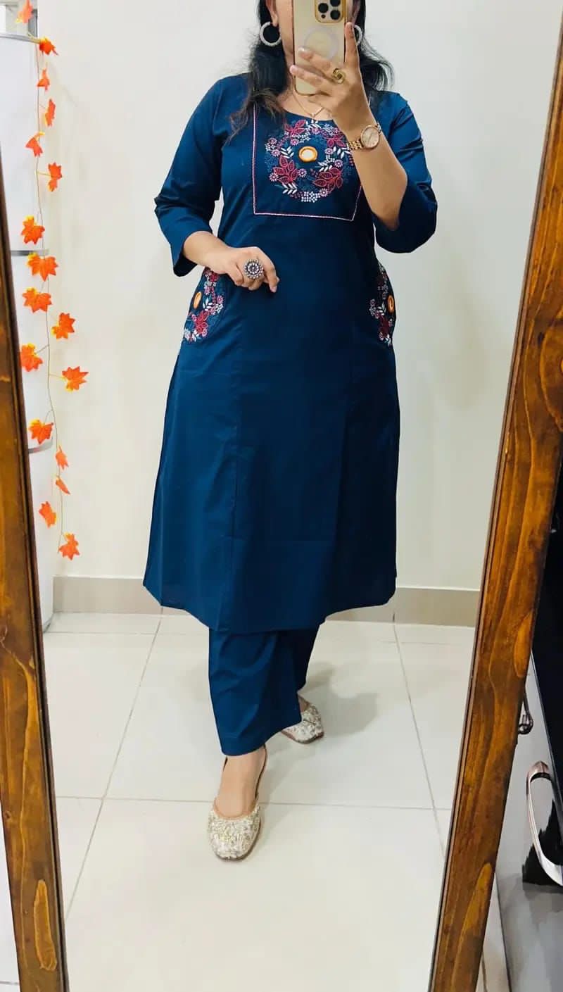 Blue Floral Yoke Thread Work Kurta Pant Set