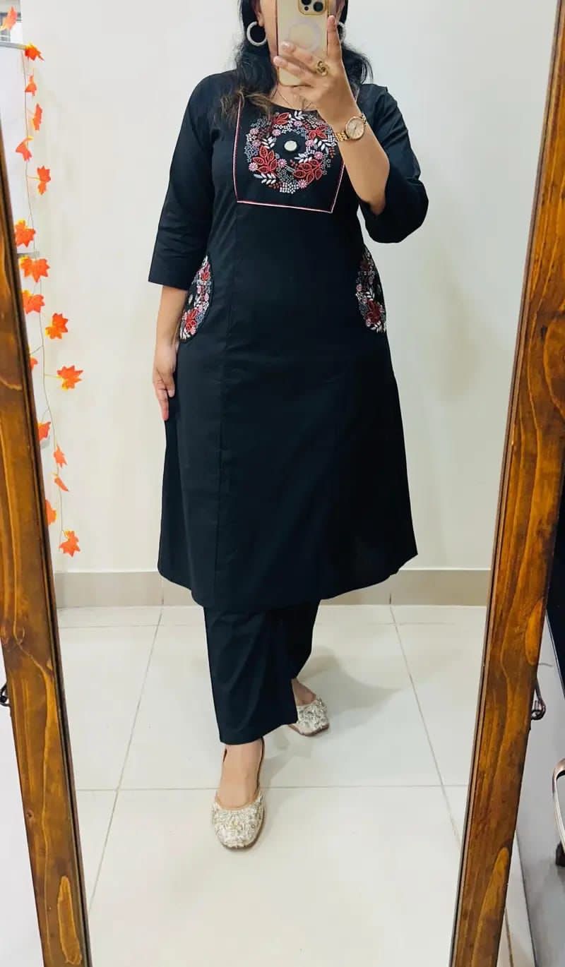 Black Floral Yoke Thread Work Kurta Pant Set