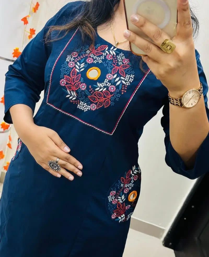 Blue Floral Yoke Thread Work Kurta Pant Set