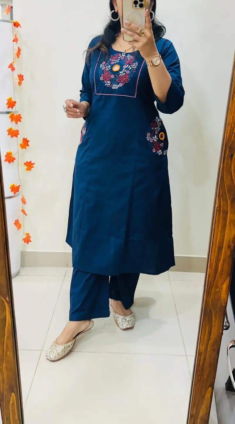 Blue Floral Yoke Thread Work Kurta Pant Set