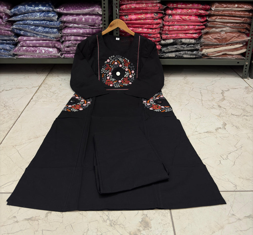 Black Floral Yoke Thread Work Kurta Pant Set