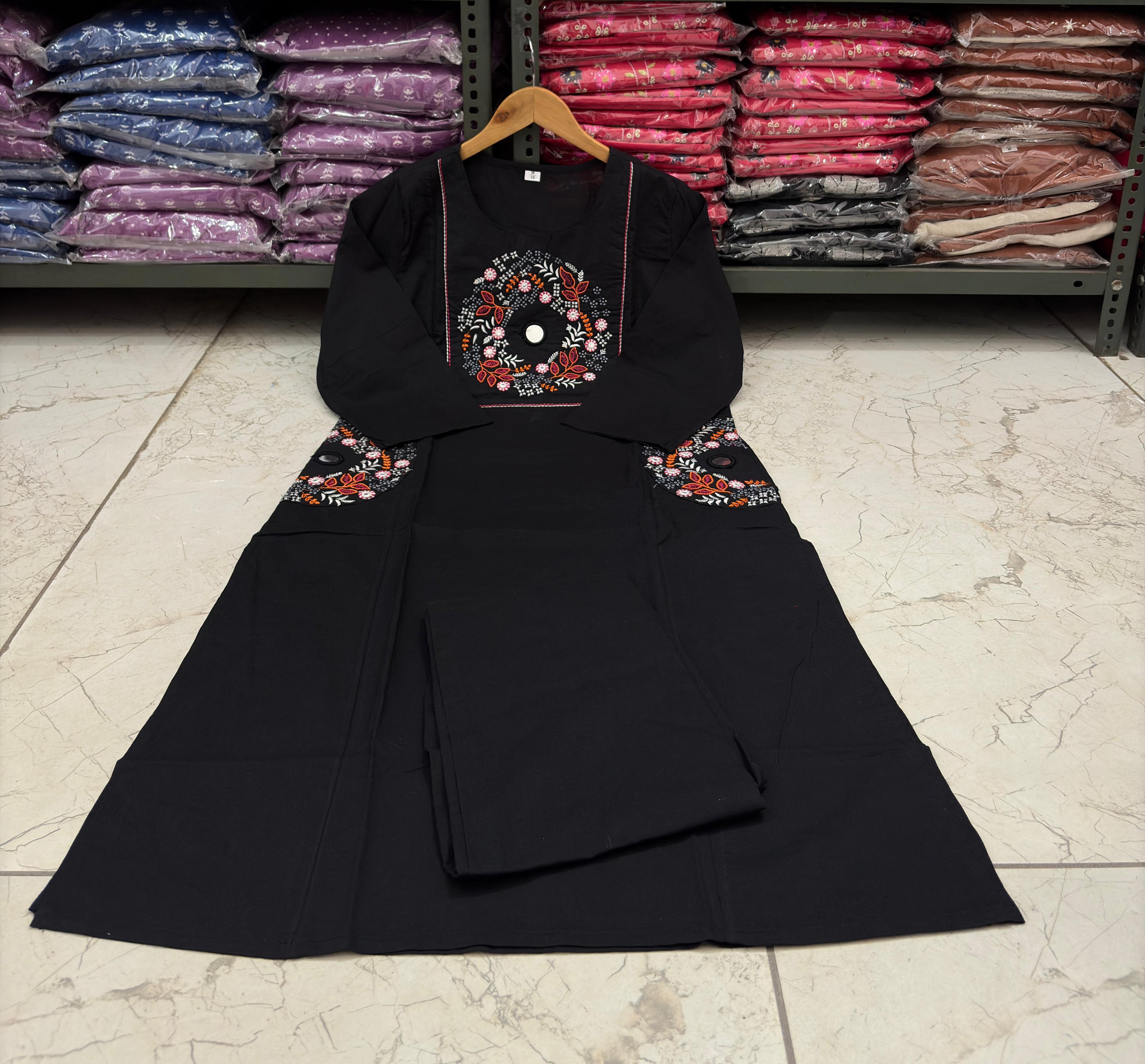 Black Floral Yoke Thread Work Kurta Pant Set