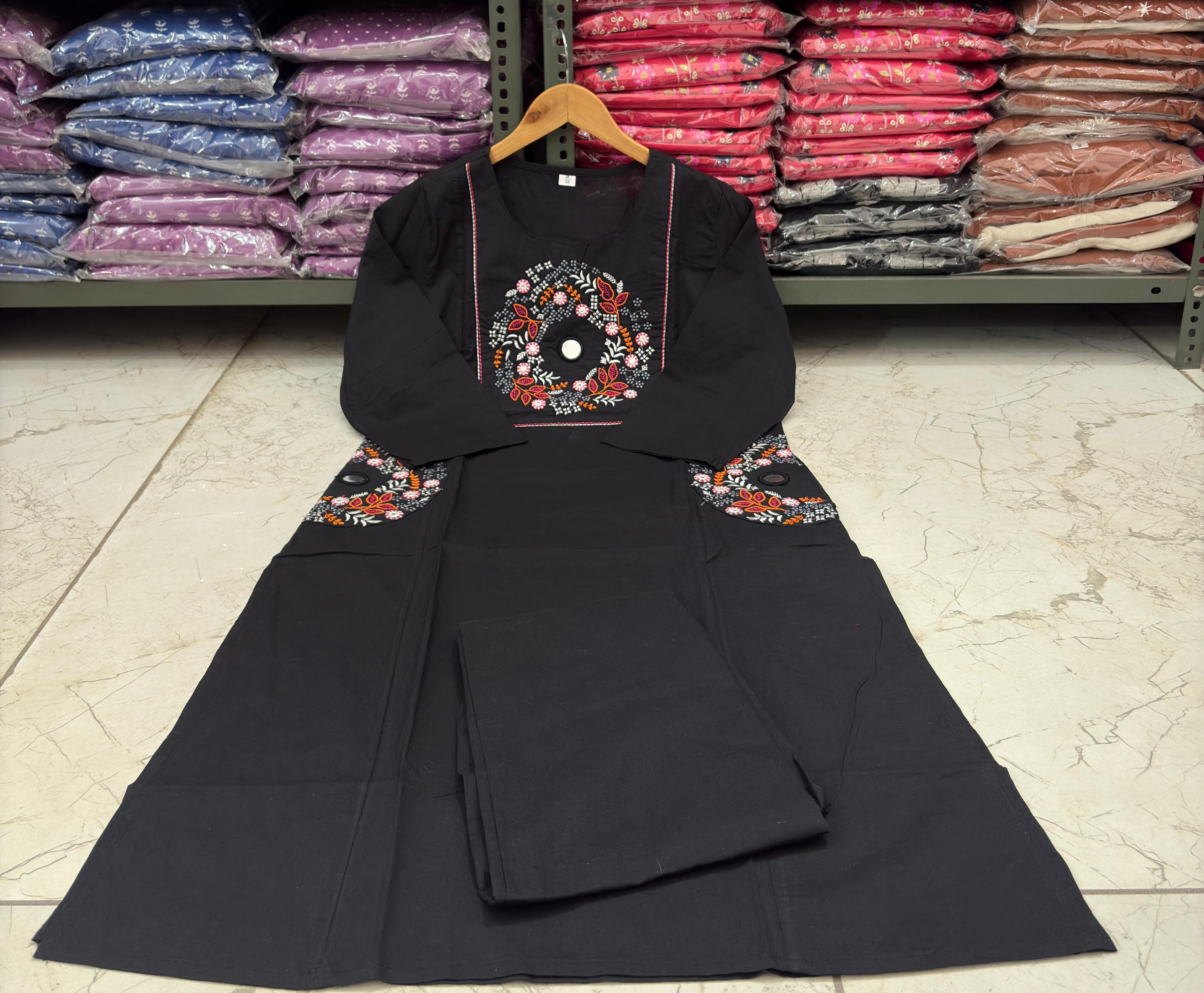 Black Floral Yoke Thread Work Kurta Pant Set