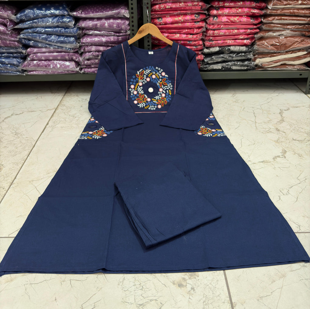 Blue Floral Yoke Thread Work Kurta Pant Set