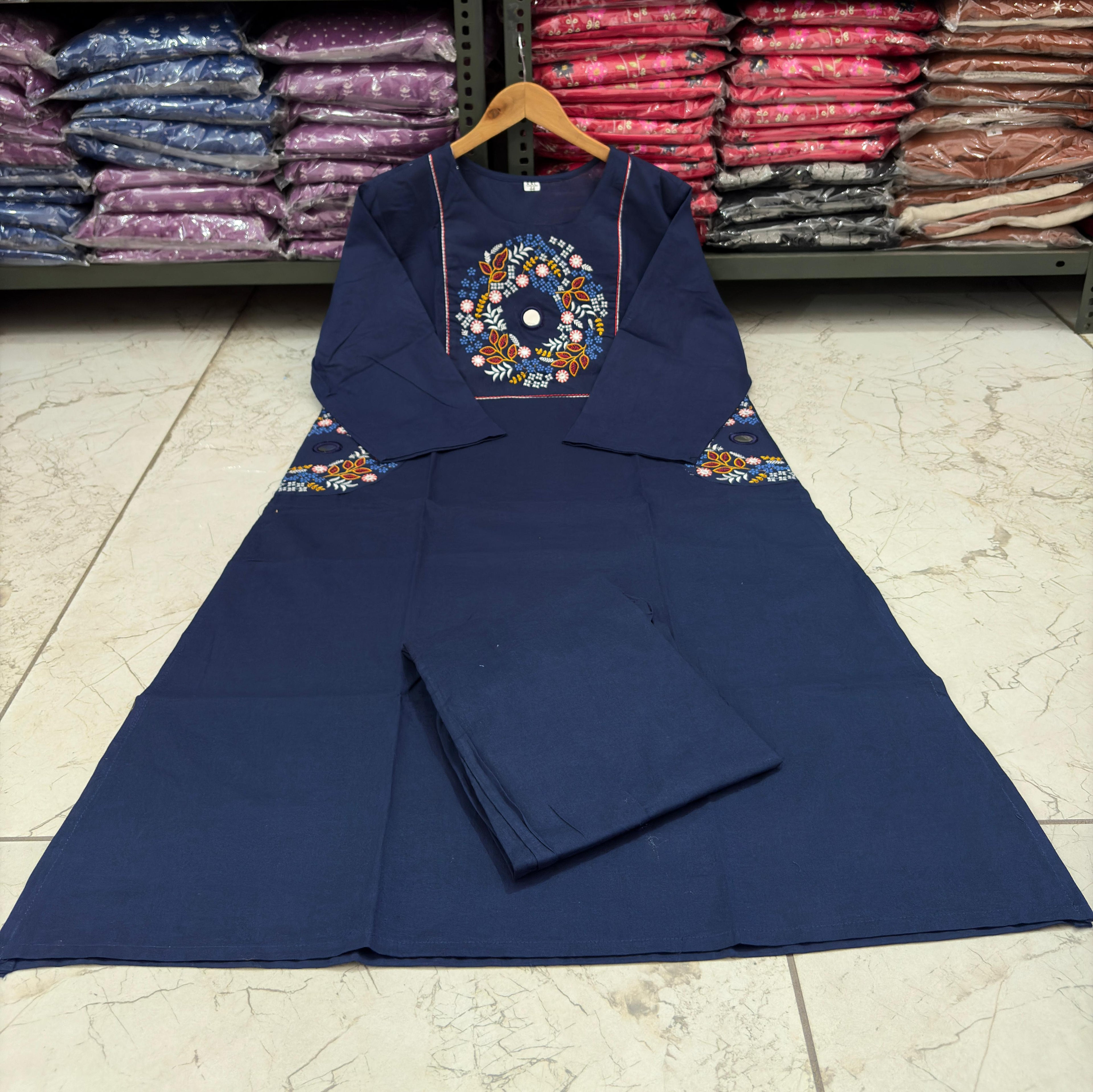 Blue Floral Yoke Thread Work Kurta Pant Set