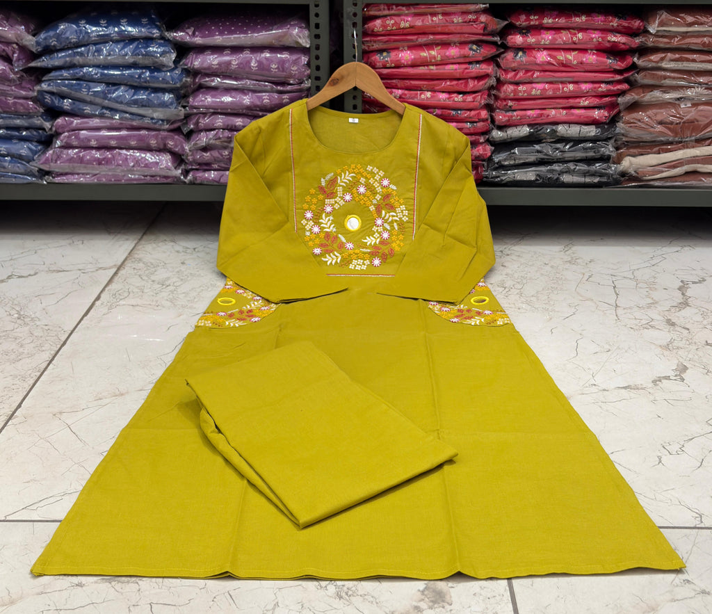 Mustard Mirror Work Cotton A-Line Suit with Pockets