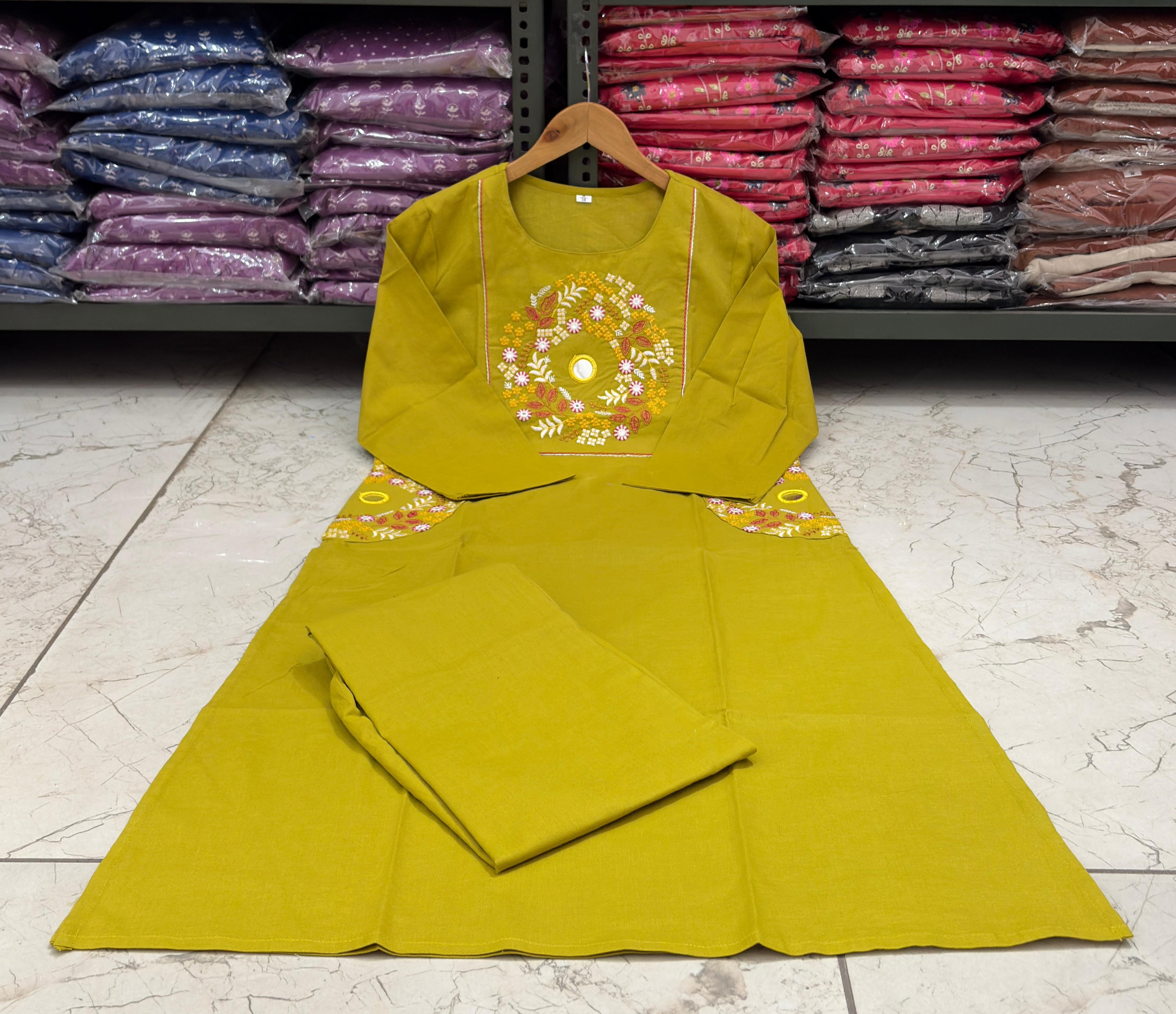 Mustard Mirror Work Cotton A-Line Suit with Pockets
