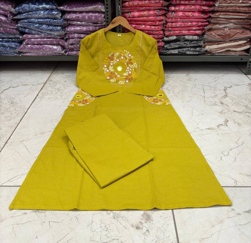 Mustard Mirror Work Cotton A-Line Suit with Pockets