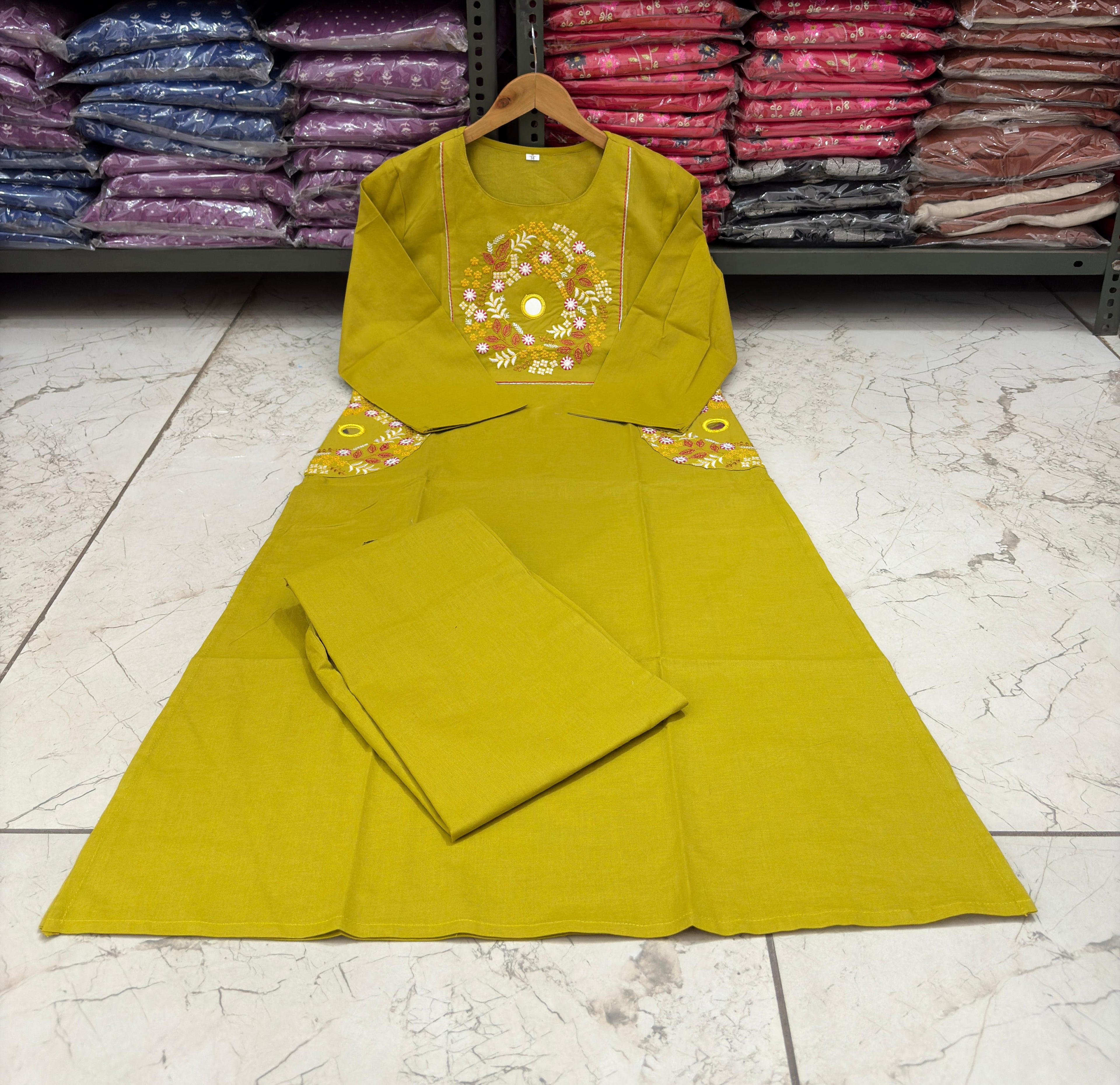 Mustard Mirror Work Cotton A-Line Suit with Pockets
