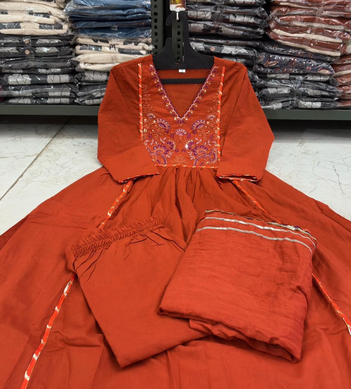 Orange Embroidered Yoke Ethnic Set with Matching Dupatta