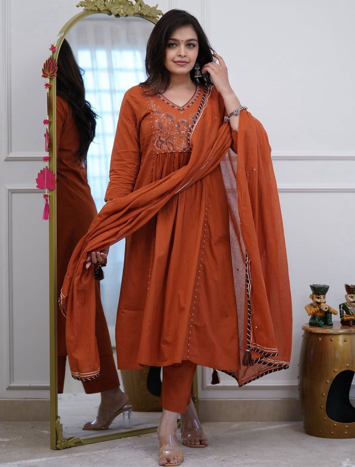 Orange Embroidered Yoke Ethnic Set with Matching Dupatta
