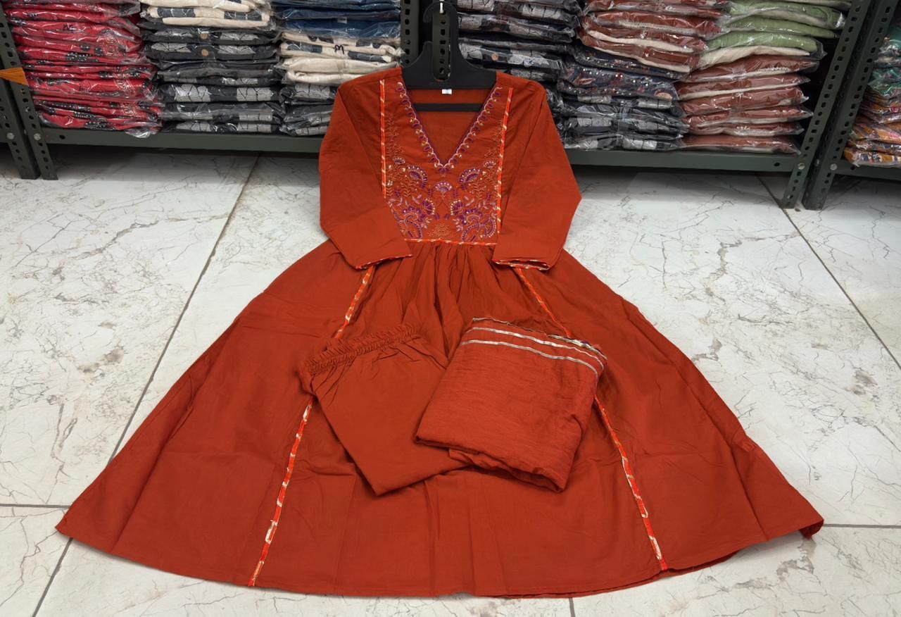 Orange Embroidered Yoke Ethnic Set with Matching Dupatta
