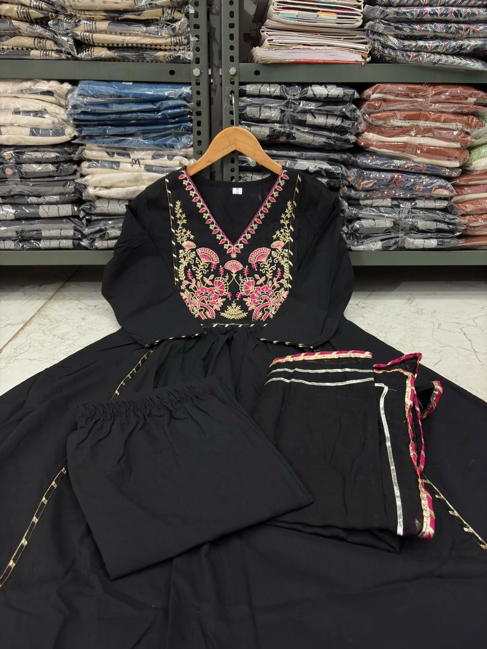 Black Embroidered Yoke Ethnic Set with Matching Dupatta