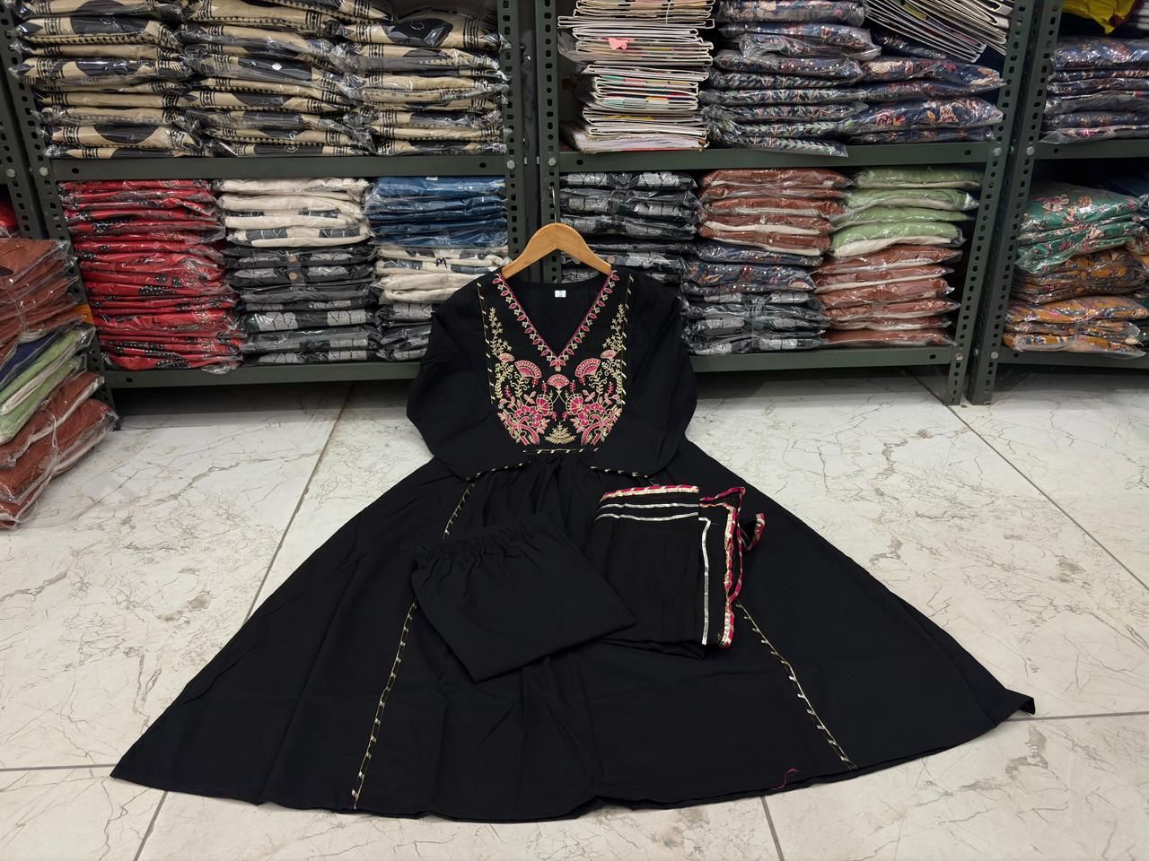 Black Embroidered Yoke Ethnic Set with Matching Dupatta