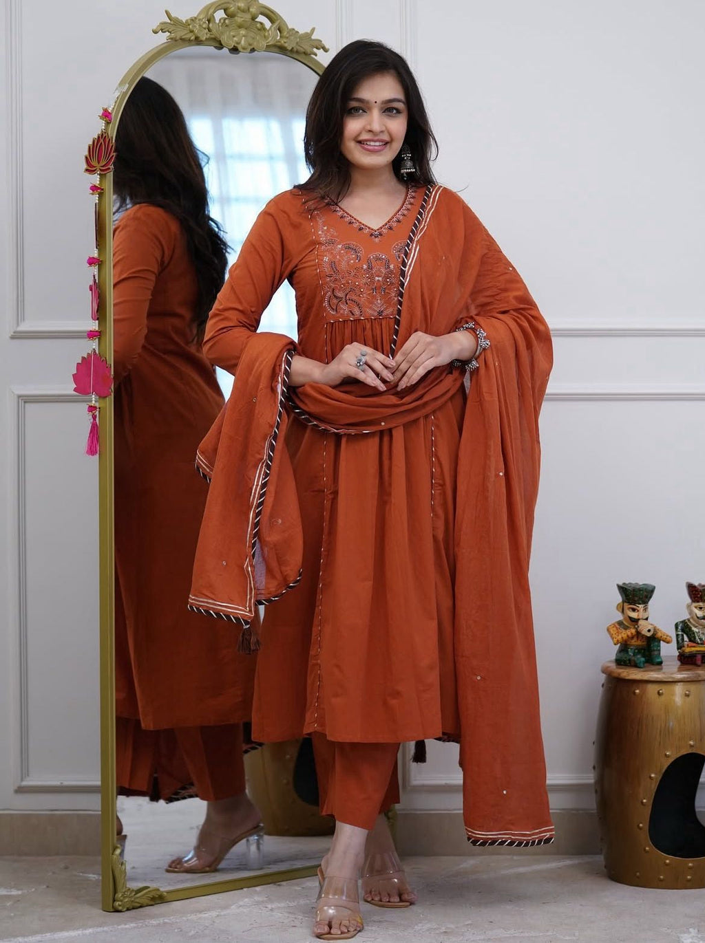 Orange Embroidered Yoke Ethnic Set with Matching Dupatta