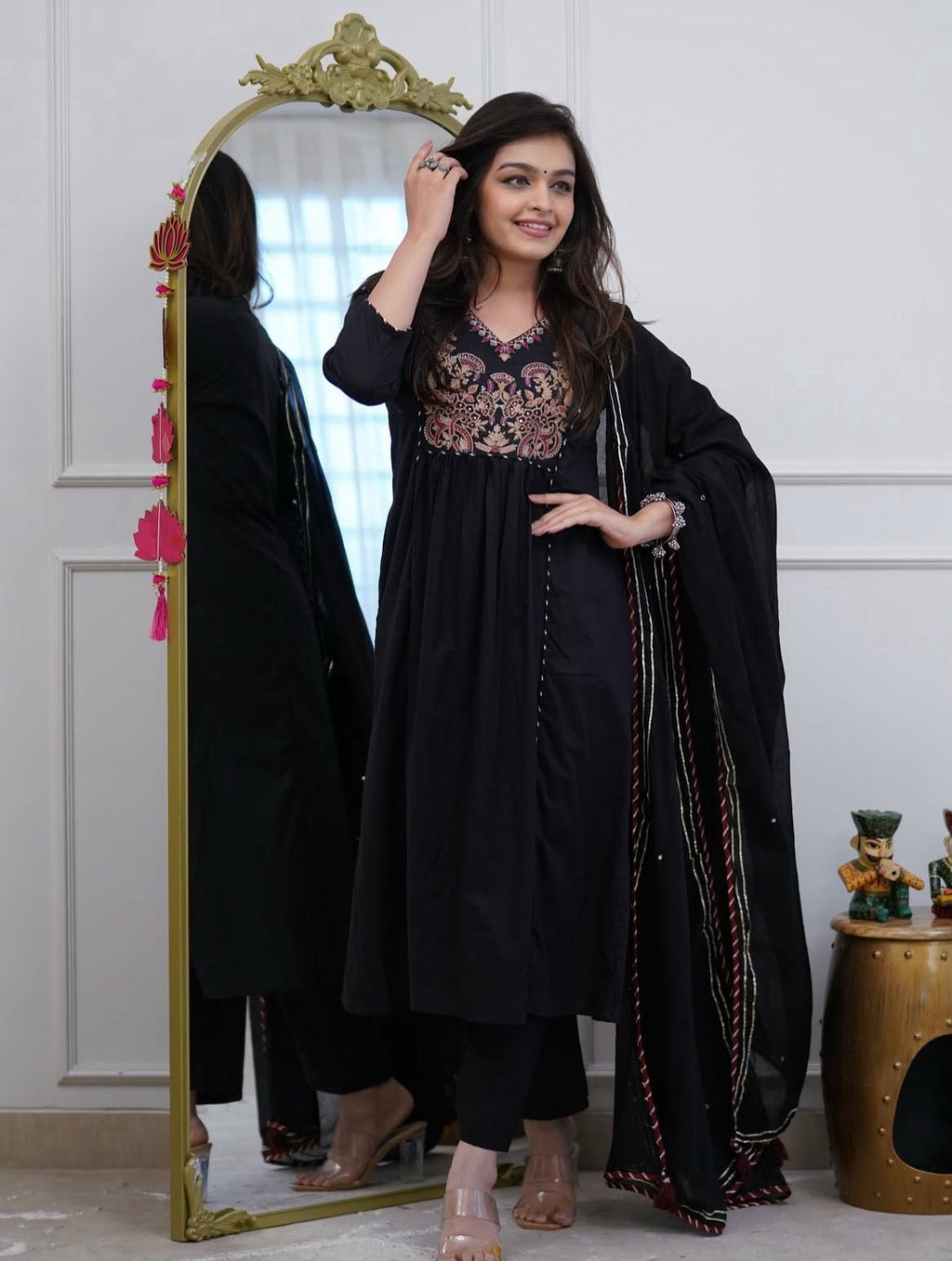 Black Embroidered Yoke Ethnic Set with Matching Dupatta