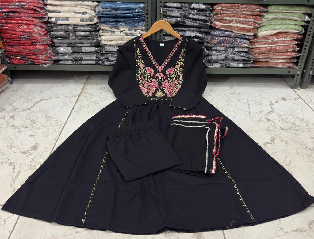 Black Embroidered Yoke Ethnic Set with Matching Dupatta
