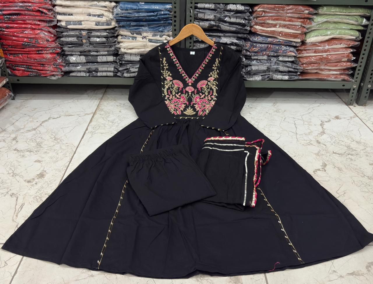 Black Embroidered Yoke Ethnic Set with Matching Dupatta