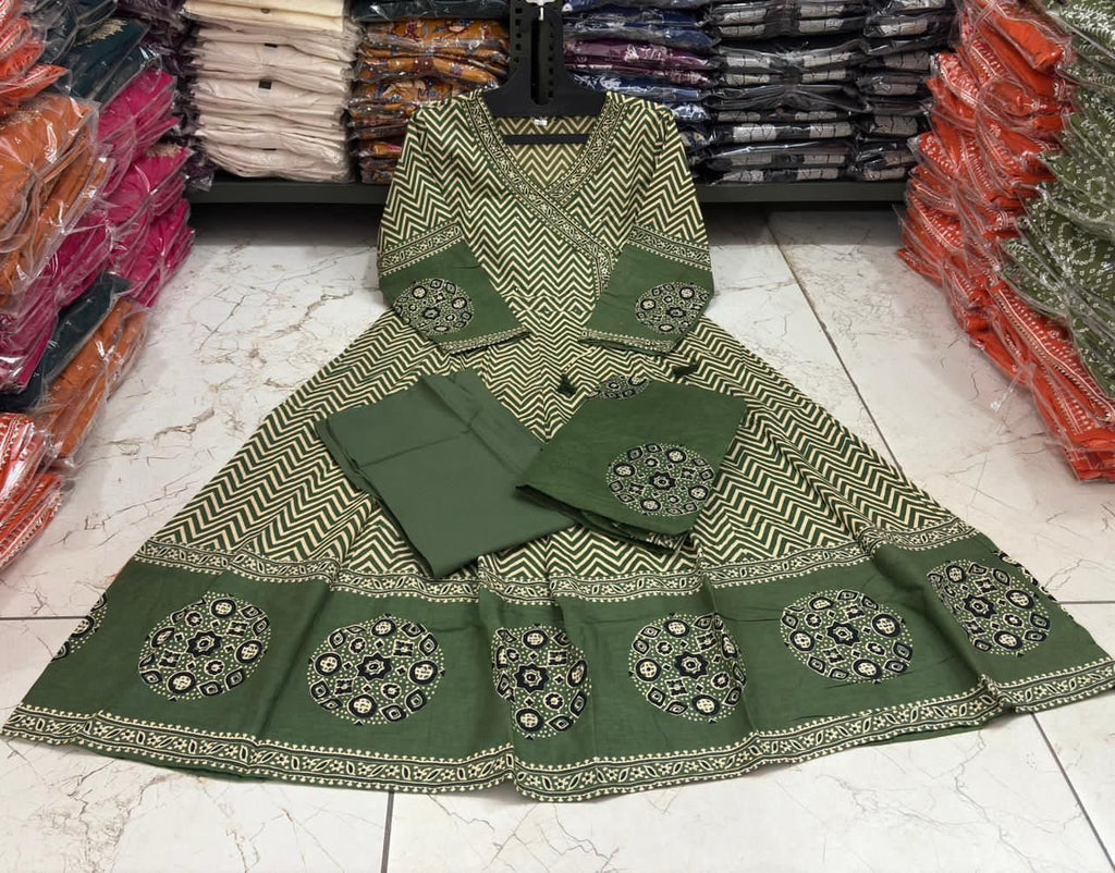 Green Printed Geometric A-Line Suit Set with Matching Dupatta