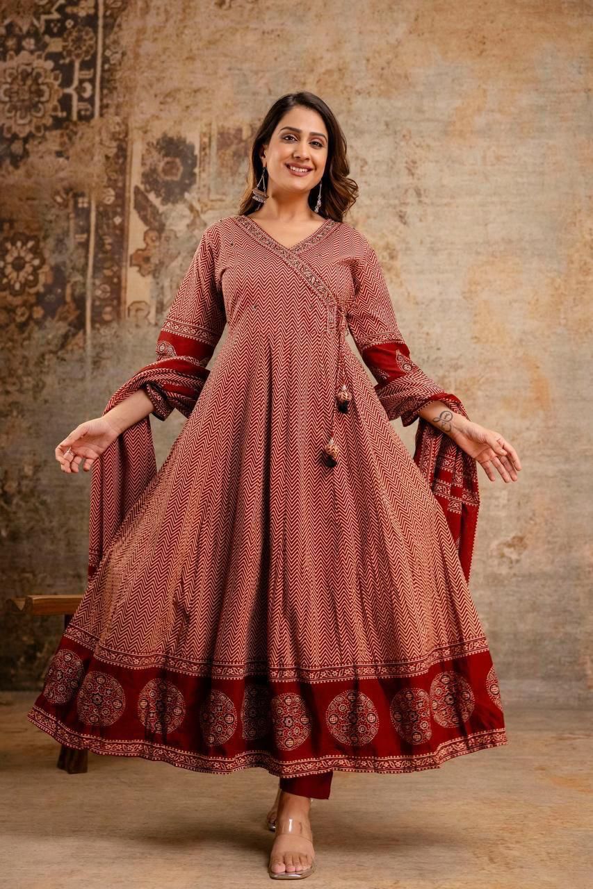 Red Cotton A-Line Suit with Mirror Work Yoke