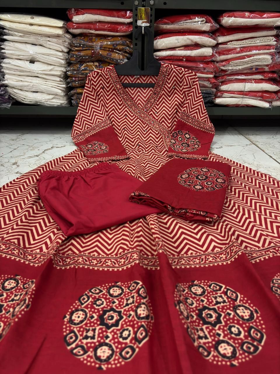 Red Cotton A-Line Suit with Mirror Work Yoke