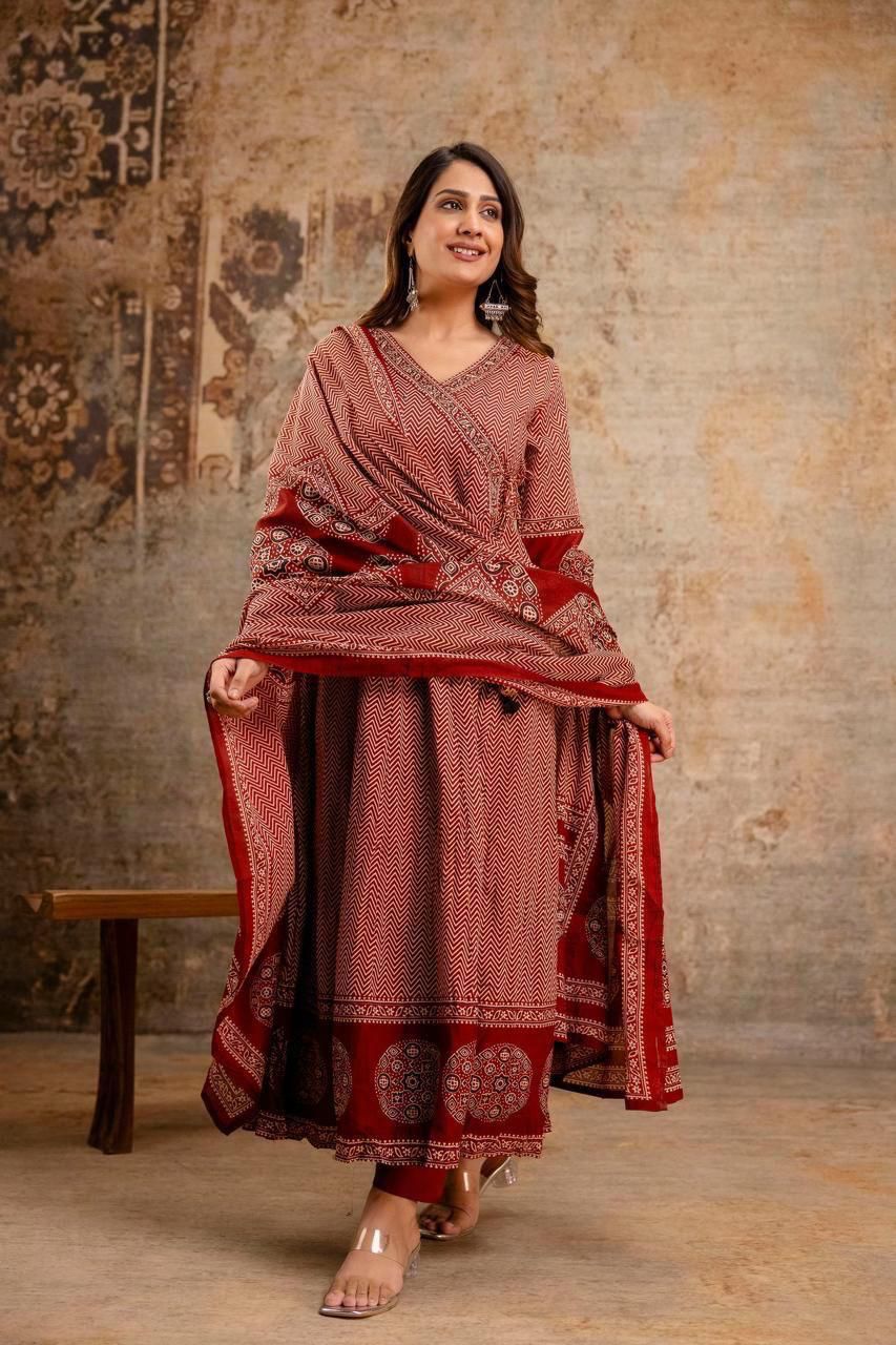 Red Cotton A-Line Suit with Mirror Work Yoke