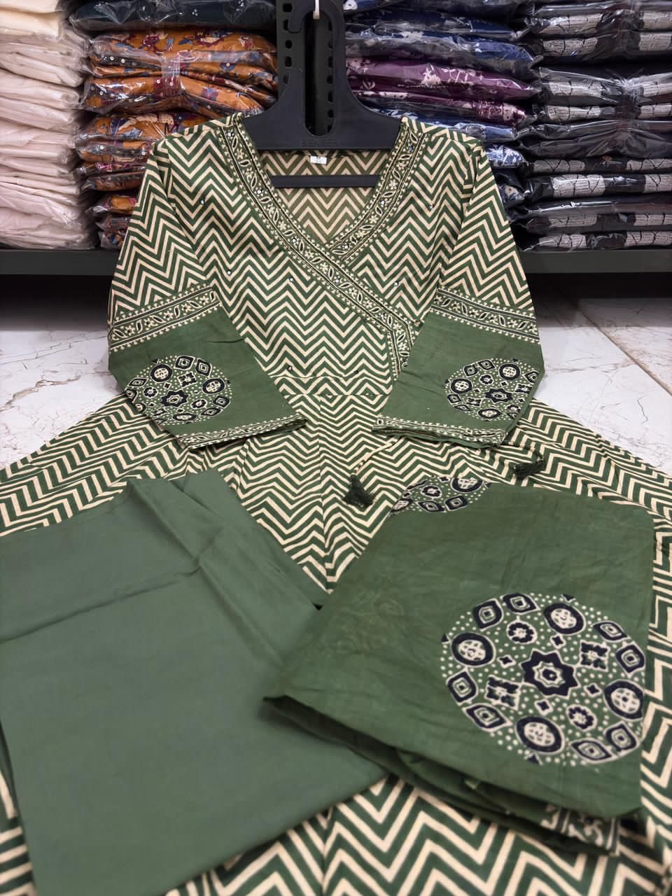 Green Printed Geometric A-Line Suit Set with Matching Dupatta