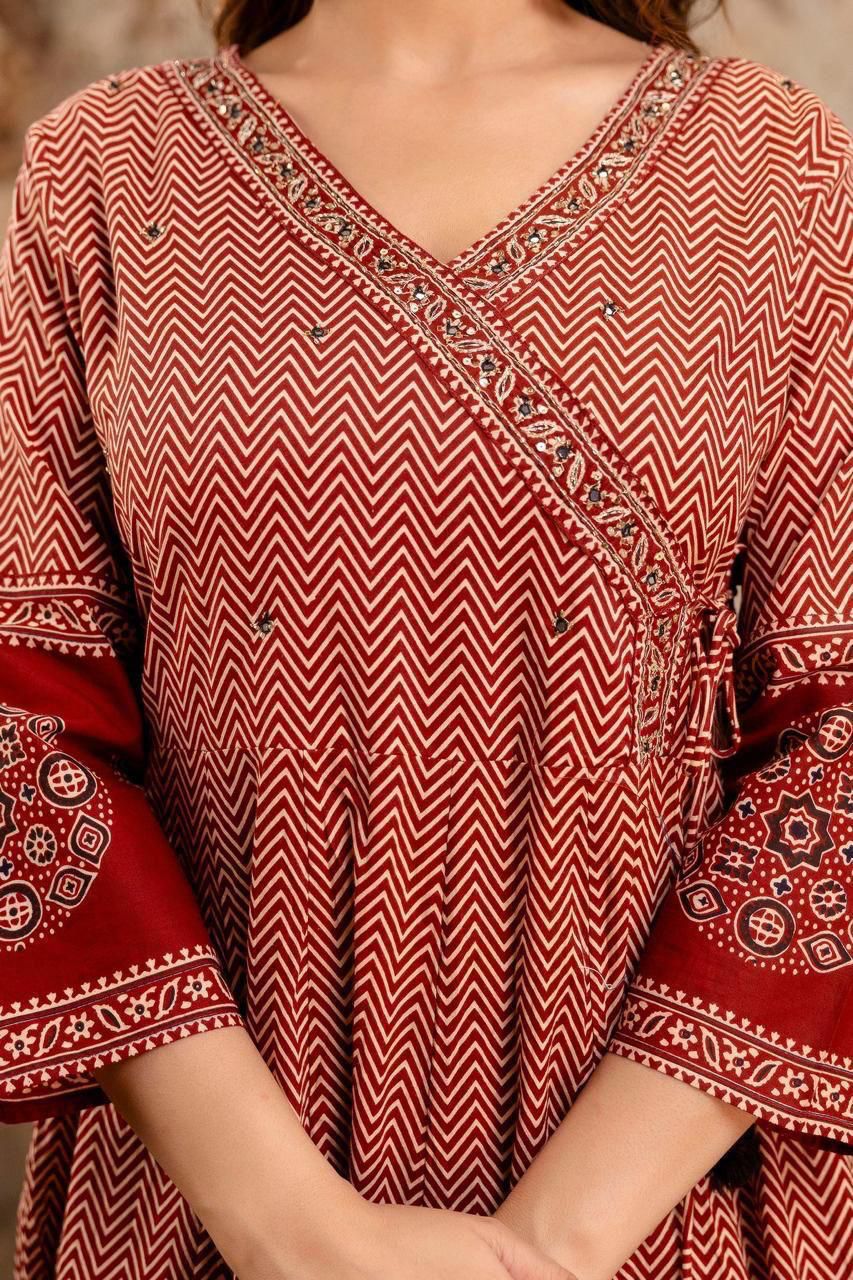 Red Cotton A-Line Suit with Mirror Work Yoke