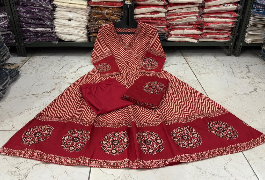 Red Cotton A-Line Suit with Mirror Work Yoke