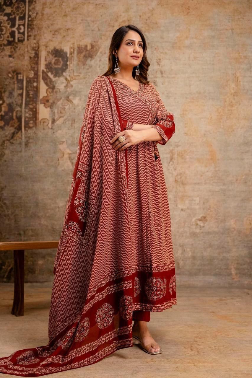 Red Cotton A-Line Suit with Mirror Work Yoke