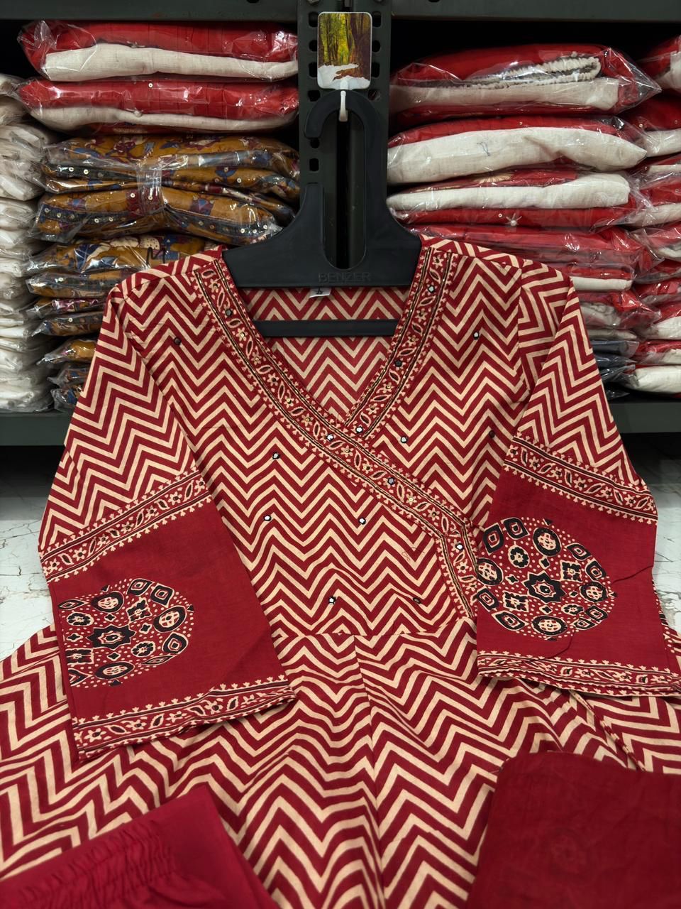Red Cotton A-Line Suit with Mirror Work Yoke