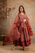 Red Cotton A-Line Suit with Mirror Work Yoke