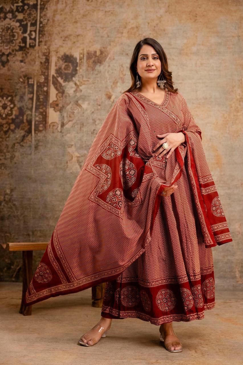 Red Cotton A-Line Suit with Mirror Work Yoke