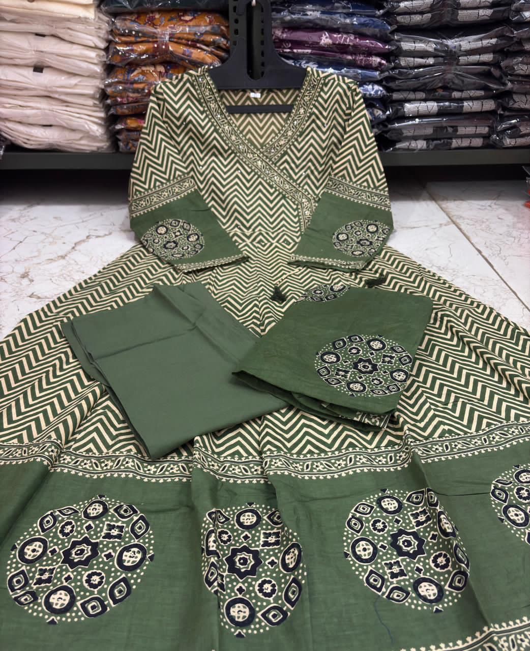 Green Printed Geometric A-Line Suit Set with Matching Dupatta