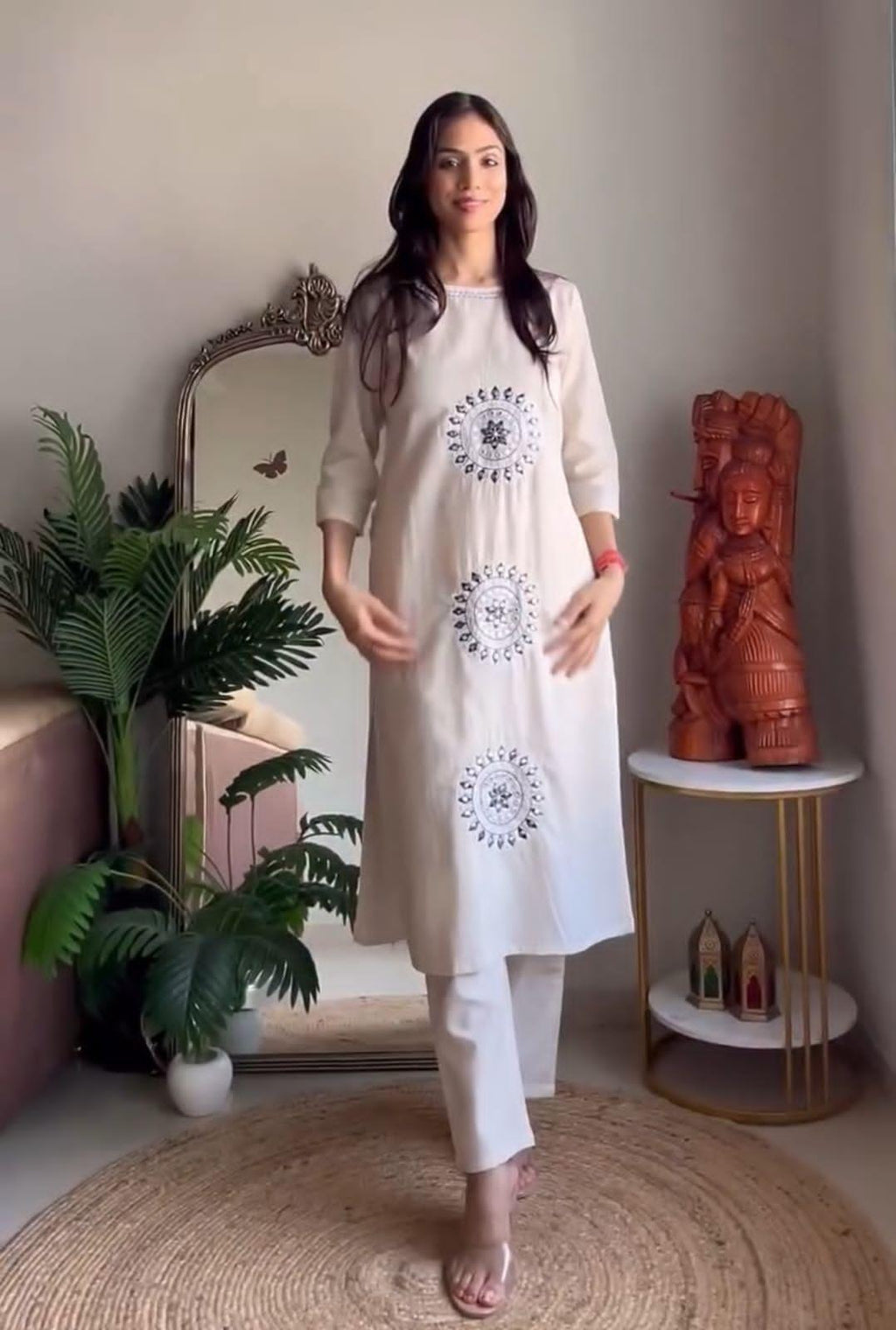 White Cotton A-Line Mirror Work Kurta Suit Set