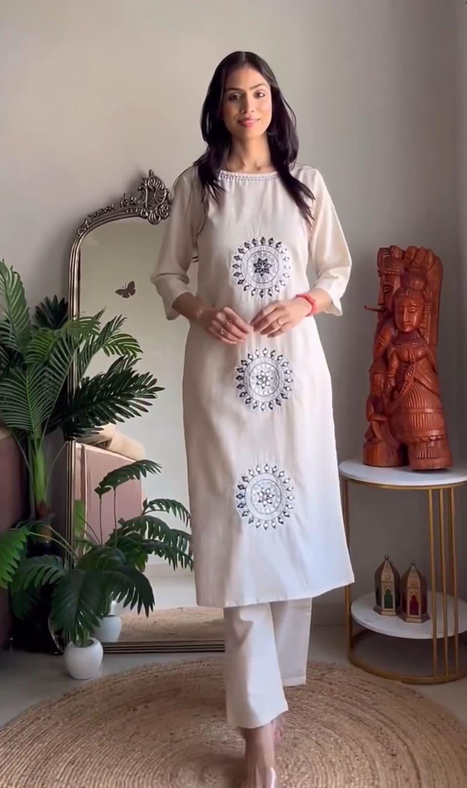 White Cotton A-Line Mirror Work Kurta Suit Set