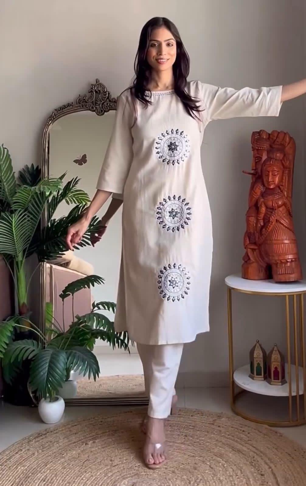 White Cotton A-Line Mirror Work Kurta Suit Set