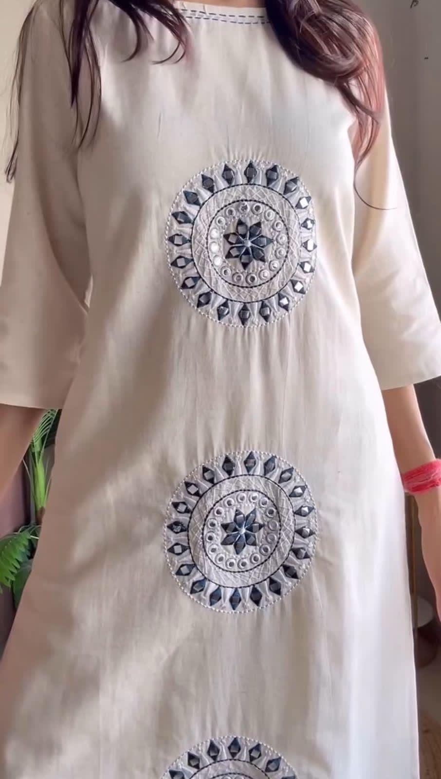 White Cotton A-Line Mirror Work Kurta Suit Set