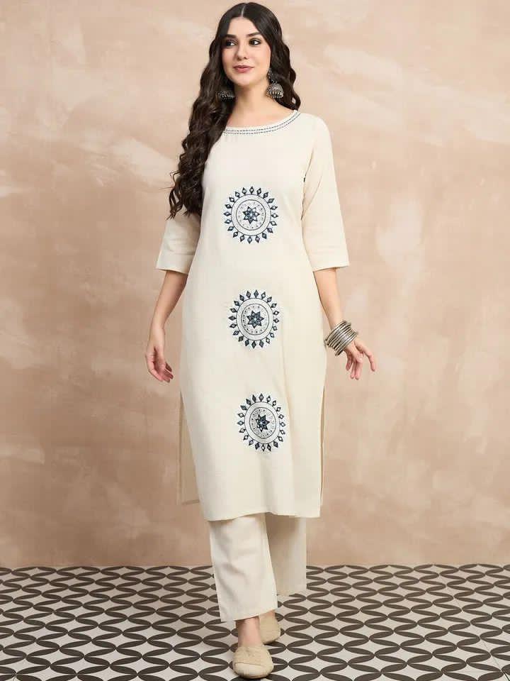 White Cotton A-Line Mirror Work Kurta Suit Set