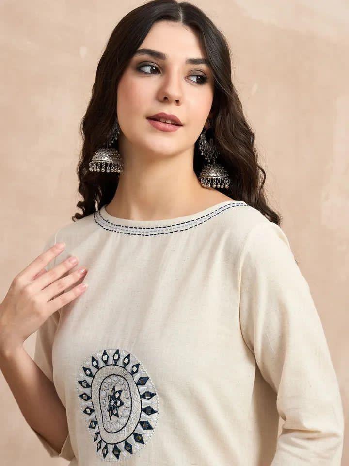 White Cotton A-Line Mirror Work Kurta Suit Set