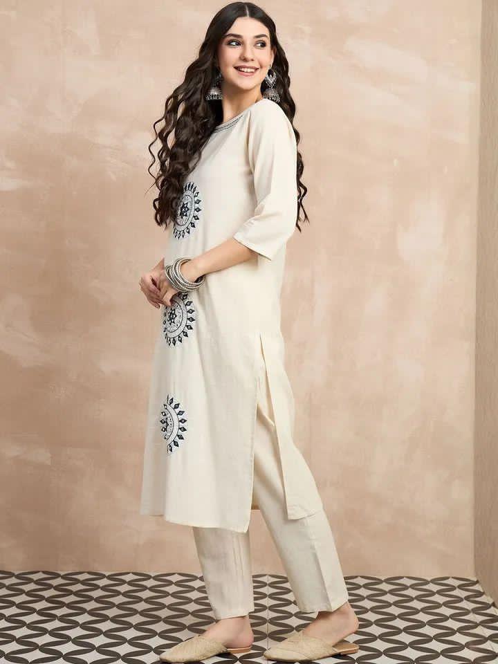 White Cotton A-Line Mirror Work Kurta Suit Set