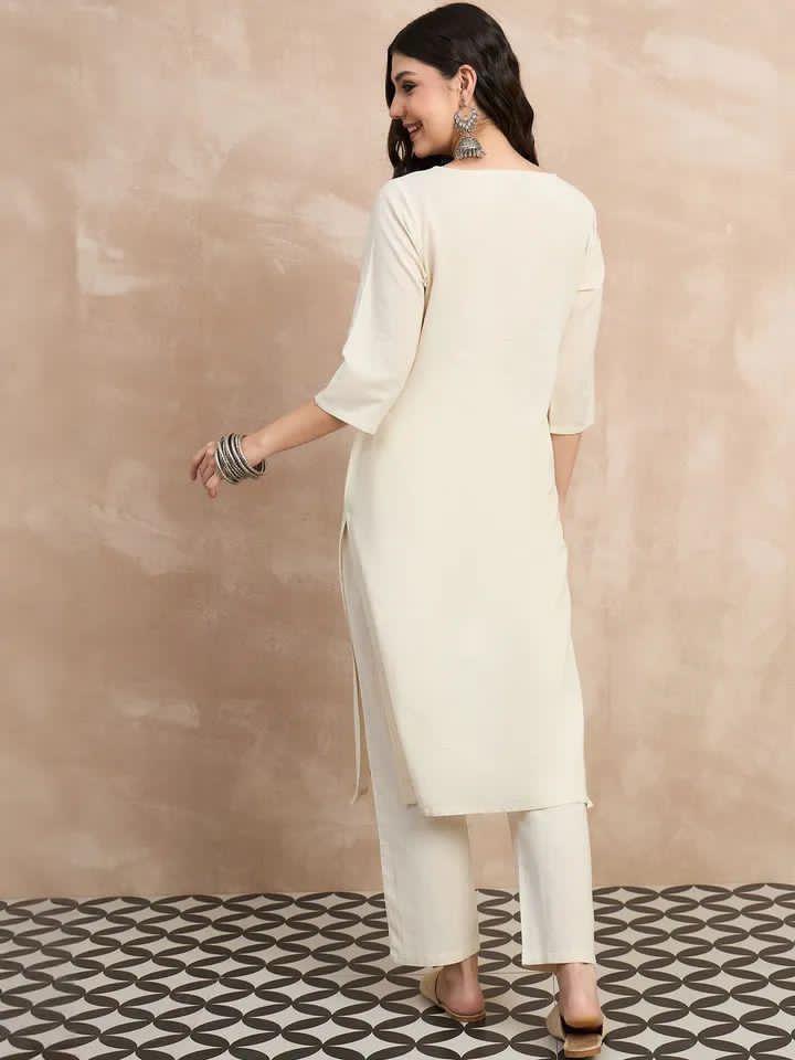 White Cotton A-Line Mirror Work Kurta Suit Set
